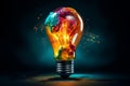 Electric lamp bulb with multi-colored iridescent gaseous substance inside. A lightbulb eureka moment with Impactful