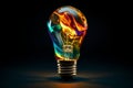 Electric lamp bulb with multi-colored iridescent gaseous substance inside. A lightbulb eureka moment with Impactful