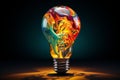 Electric lamp bulb with multi-colored iridescent gaseous substance inside. A lightbulb eureka moment with Impactful