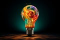 Electric lamp bulb with multi-colored iridescent gaseous substance inside. A lightbulb eureka moment with Impactful