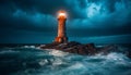 Electric lamp illuminates famous lighthouse at dusk generated by AI