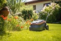 electric lawn mower charging in a sunny garden