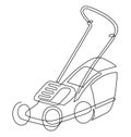 Electric lawnmower. Grass cutting device. Continuous line drawing illustration