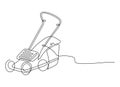 Electric lawnmower. Grass cutting device. Continuous line drawing. Vector illustration