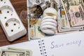 Electric light bulb with dollar bills, pen and calculator Royalty Free Stock Photo