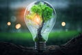 An electric light bulb on the green grass and a tree inside it. Generative AI. Sunlight in nature. energy saving concept Royalty Free Stock Photo