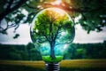 An electric light bulb on the green grass and a tree inside it. Generative AI. Sunlight in nature. energy saving concept Royalty Free Stock Photo