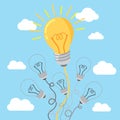 Electric light bulb, symbol of innovation and good ideas vector illustration. One lighted bulb among extinct on dark blue backgrou