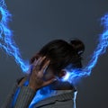 Electric lightning flash, photo montage. Lightning in the head,