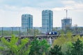 Electric locomotive direction for modern city over arched bridge.