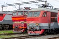 Electric locomotives EP2K rzd Russia railway roads in the parking lot. Russia, Saint-Petersburg, 27 august 2017 Royalty Free Stock Photo