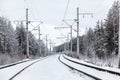 Electric mainline railroad in winter forest Royalty Free Stock Photo