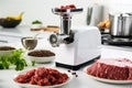 Electric meat grinder with beef mince cook. Generate Ai