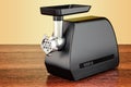 Electric meat grinder on the wooden table. 3D rendering