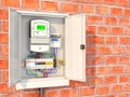 Electric meter with circuit breakers in a metal box.