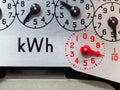 Electric meter close-up of kWh symbol and measuring dials. Royalty Free Stock Photo