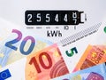 Electric meter dial with Euro notes. Royalty Free Stock Photo