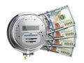 Electric meter with dollars. Electricity consumption, cost of utilities and saving concept