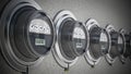 Electric meters in a row installed on the wall. 3D illustration Royalty Free Stock Photo