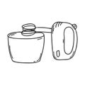 Electric mixer in Doodle style. Kitchen appliance for preparing dough and mixing products.Decorative element for menu design,