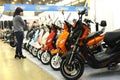 Electric motorbikes presented on stand during Exhibition. Kyiv, Ukraine