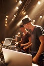 Electric, music and dj at stage for performance with sound board and laptop for production in concert. Audio, equipment Royalty Free Stock Photo