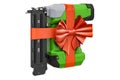 Electric nail gun with red bow and ribbon, gift concept. 3D rendering