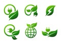 Electric Natural Green eco power Clean Energy Icons - plug Symbol with leave, Globe vector design illustration Royalty Free Stock Photo