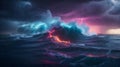 Electric Neon Thunderstorm at a Turbulent Ocean