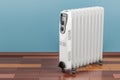 Electric oil heater, oil-filled radiator on the floor. 3D render Royalty Free Stock Photo