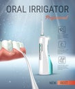 Electric Oral Irrigator ads. Vector 3d Illustration with Portable Water Pick Flosser.