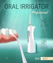 Electric Oral Irrigator ads. Vector 3d Illustration with Portable Water Pick Flosser.