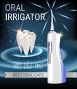 Electric Oral Irrigator ads. Vector 3d Illustration with Portable Water Pick Flosser.