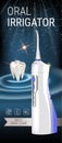 Electric Oral Irrigator ads. Vector 3d Illustration with Portable Water Pick Flosser