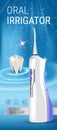 Electric Oral Irrigator ads. Vector 3d Illustration with Portable Water Pick Flosser
