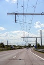 Electric overhead contact wire for hybrid trucks on E-Highway, test track in Luebeck, Germany