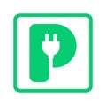 Plug in letter P icon, Green electric vehicle parking sign, Electric car charging point, Parking space for Eco friendly hybrid car Royalty Free Stock Photo