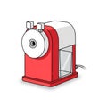 Electric pencil sharpener with a red and white casing, featuring a cylindrical shape. The Royalty Free Stock Photo