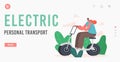 Electric Personal Transport Landing Page Template. Young Woman Character Driving Electric Scooter or Bicycle in Park Royalty Free Stock Photo