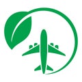 Electric plane icon. Airplane in green circle with a leaf. Aircraft powered by electricity. Green aviation concept Vector Royalty Free Stock Photo