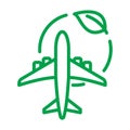 Electric plane line icon. Airplane in green circle with a leaf. Aircraft powered by electricity. Green aviation concept Vector Royalty Free Stock Photo