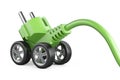 Electric plug on a car wheels. Green power concept. Energy for m Royalty Free Stock Photo