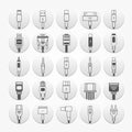 Electric plug, connectors and jack flat line icons set. Collection Connection technology, connector electric power, mobile devices Royalty Free Stock Photo