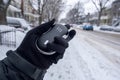 Electric pocket hand warm during snow fall