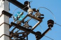 Electric pole close-up of power lines and wires with blue sky background Royalty Free Stock Photo