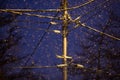 Electric pole, electrical cables, connections and wires during snowfall