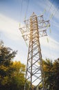 Electric pole with high-voltage wires against the blue sky Royalty Free Stock Photo