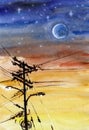 An electric pole with a lot of power line wires and lanterns against the night starry sky and the moon. Hand drawn watercolors on Royalty Free Stock Photo