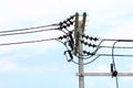 Electric pole power Tangle wire danger, wire electrical energy at street road on sky background Royalty Free Stock Photo