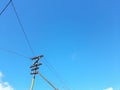 An electric pole, a very clear blue sky and white clouds Royalty Free Stock Photo